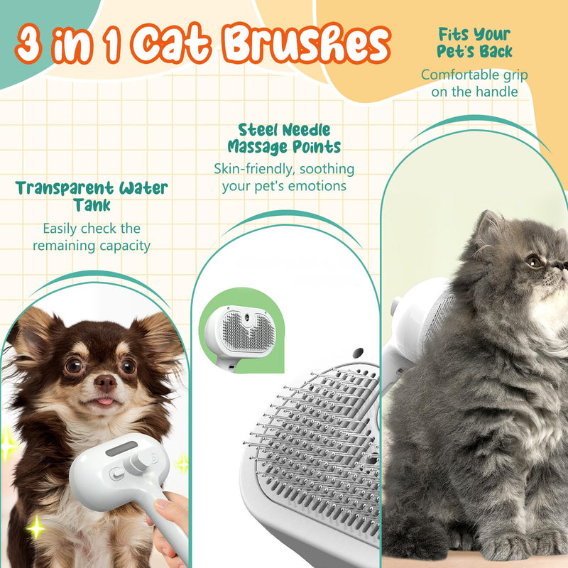 Self-Cleaning Pet Grooming Brush with Spray - 3-in-1 Cat and Dog Brush for Hair Removal and Anti-Static Steam (Built-in 250mAh Battery) - PawsPlanet Australia