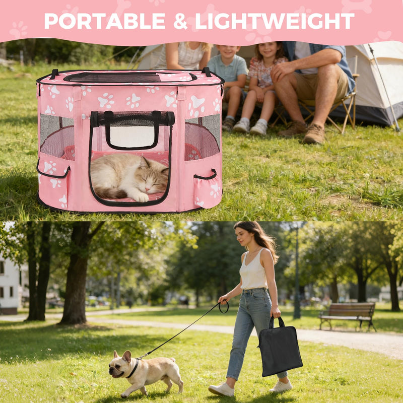 Homimp Portable Pet Playpen for Indoor Cats & Puppies, Foldable Dog Playpen Outdoor Tent Crate Cage with Pee Pad & Carry Bag, Pet Crate with Mesh Sides for Small Animals Travel, Pink S Small: 27.5"L x 21.6"W x 17.7"H