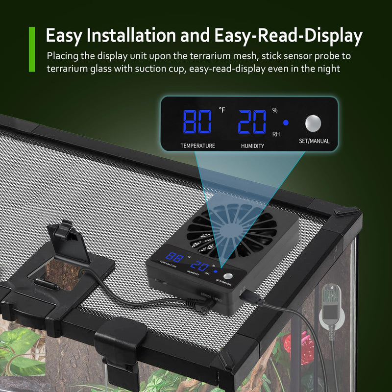 Reptile Tank Fan with Thermometer & Hygrometer | LED Display, Auto Ventilation for Enclosures & Terrariums - PawsPlanet Australia