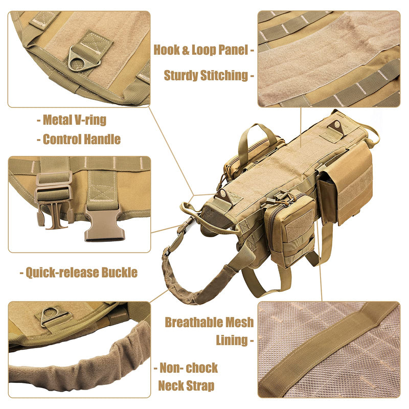 AIWAI Tactical Dog Harness with Pouches,Dog Vest Harness for Large Medium Dogs No-Pull Adjustable Military Dog Harness with Handle Walking Hiking Training (Khaki(with Leash), XL) Khaki(With Leash) - PawsPlanet Australia