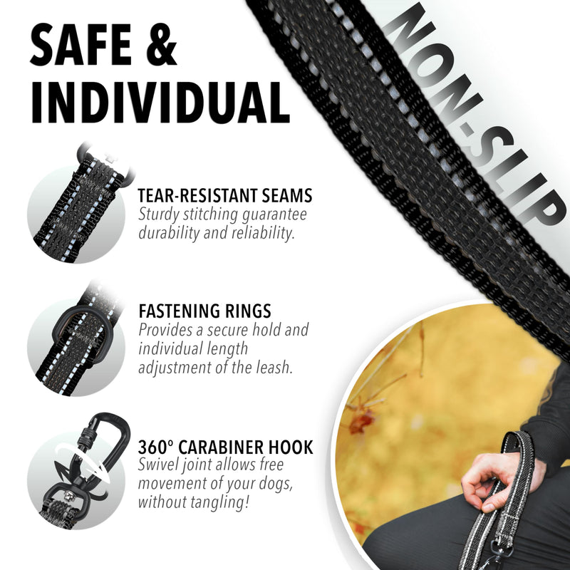 Strong Double Dog Lead 3m for Large Dogs up to 220lb, Adjustable & Rubberised Tape with Reflective Seam, 2x Carabiner Clip 360° Aluminum, Crossbody Strap Hands Free Dog Leash, Color:Black Black