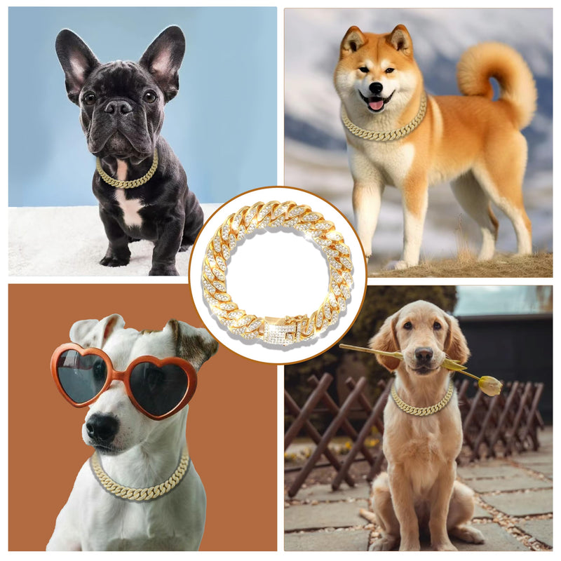 Dog Chain Designer Gold Crystal Pet Collar Cuban Link Chain with Secure Buckle Luxury Adjustable Necklacefor Small Medium Large Dogs Cats(Glod 14inch) 14 Inch - PawsPlanet Australia