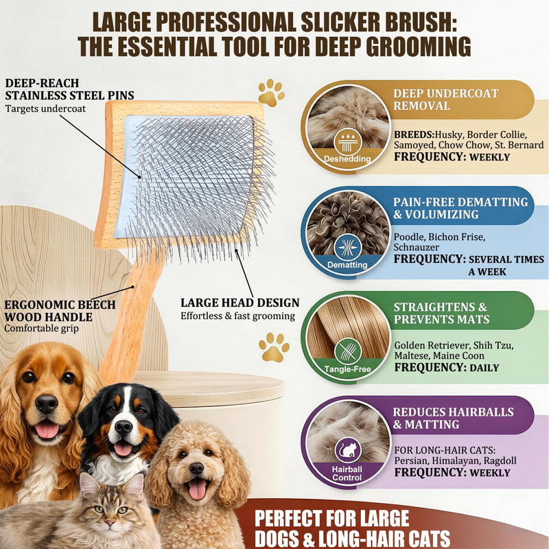 Slicker Brush for Dogs, Large Long Pin Dog Grooming Brush for Doodles Goldendoodles Poodles Labradoodle Bernedoodles, 3 Pcs Wooden Handle for Mats Tangles - Wood - PawsPlanet Australia