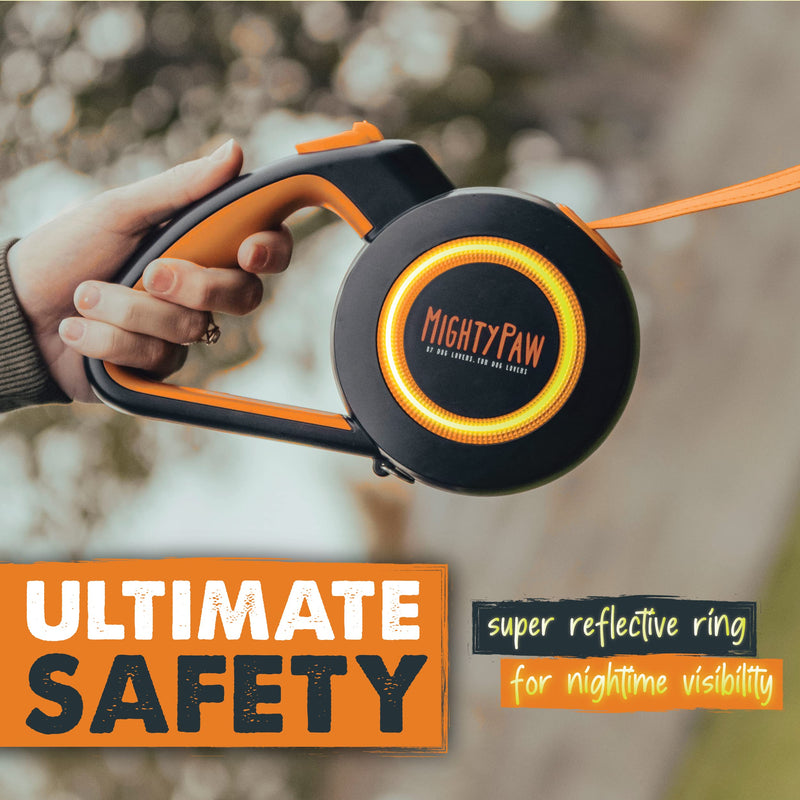 Mighty Paw Retractable Dog Leash 2.0 - Auto-Locking Button for The Control When You Need - Stainless Steel Coil for Smooth Retraction - Super Reflective Ring for Nighttime Visibility - No More Tangle Original Orange 50 - 110 lbs (Most Popular) - PawsPlanet Australia