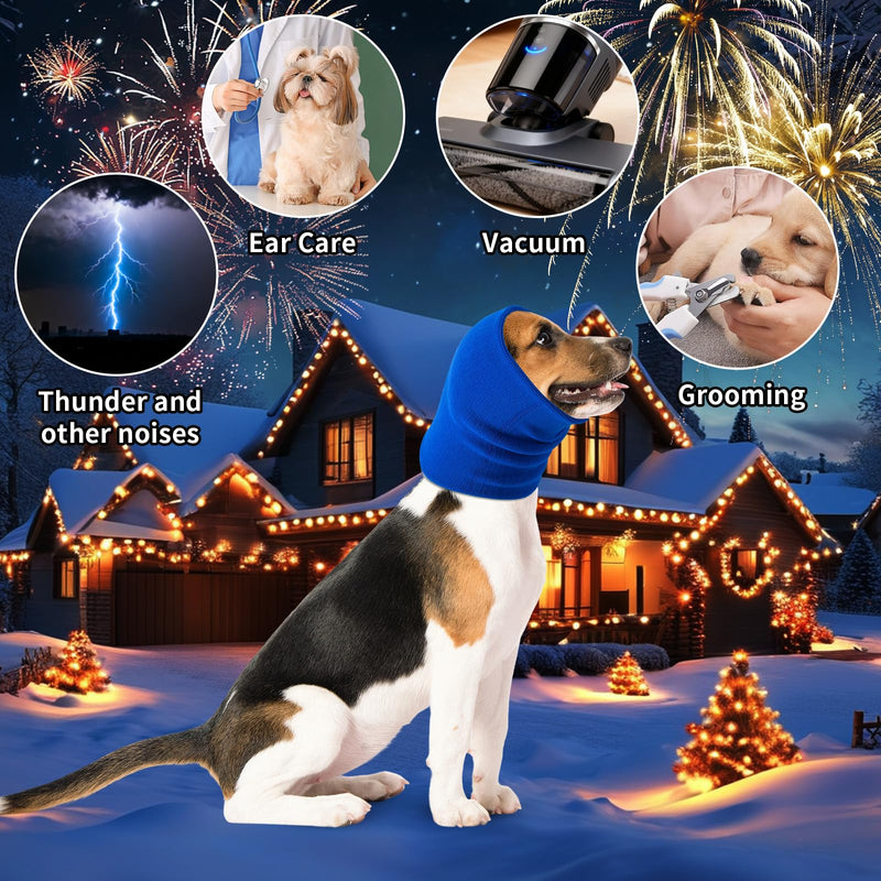 3 Pack Dog Calming Ear Cover for Small, Medium, Large Sizes, Soft & Stretchy Pet Anxiety Relief Hoodie Dog Cat Ear Muffs Noise Reducing for Thunder,Fireworks,Grooming Drying (Blue) Blue