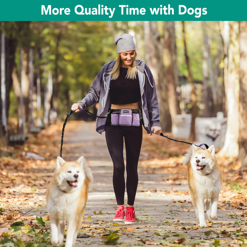 PetAmi Premium Hands Free Dog Leash for 2 Dogs, Adjustable Waist Belt Leash for Dog Walking, Fanny Pack Accessories Bag Dual Bungee Leash for Running, Hiking, Jogging, Biking, Purple 2 Leashes - PawsPlanet Australia