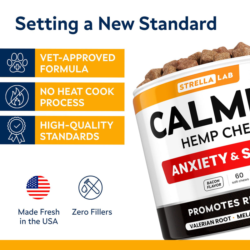 Hemp Calming Chews for Dogs - Dog Calming Treats - Anxiety Relief Treats - Dog Calming Chews - Stress - Sleep Calming Aid - Health & Wellness Supplements for Dog Separation Barking - 60 Treats 60Ct (Bacon) (CALMING) Hemp Chews