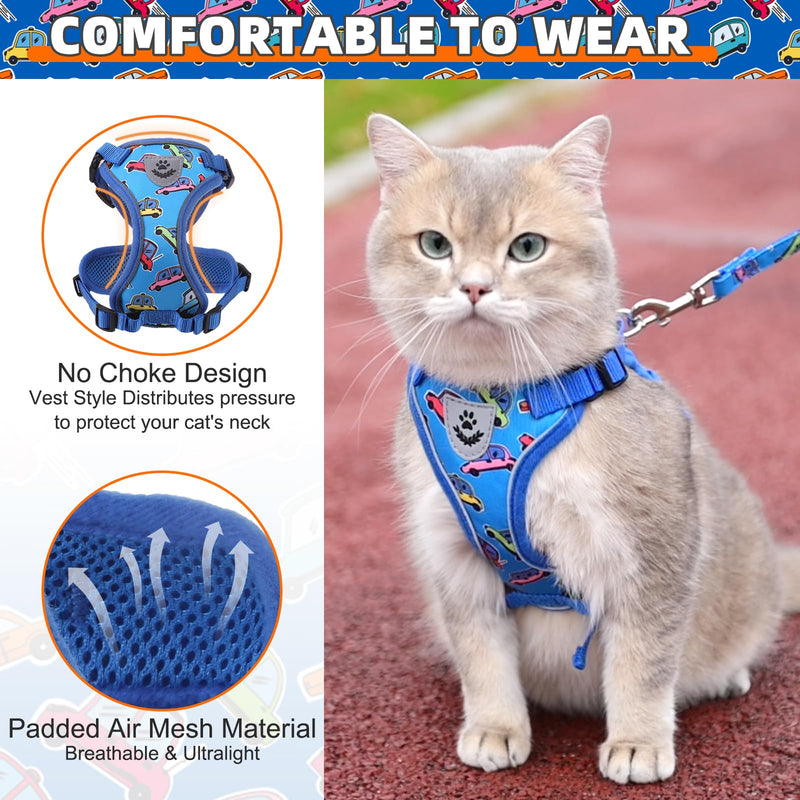 KOOLTAIL Cat Harness and Leash Set, Escape Proof for Safe Walking & Travel, Reflective Comfortable Easy Control Adjustable Kitten Harness for Boys&Girls Small Medium Large Cats Car S Cartoon Car Pattern - PawsPlanet Australia