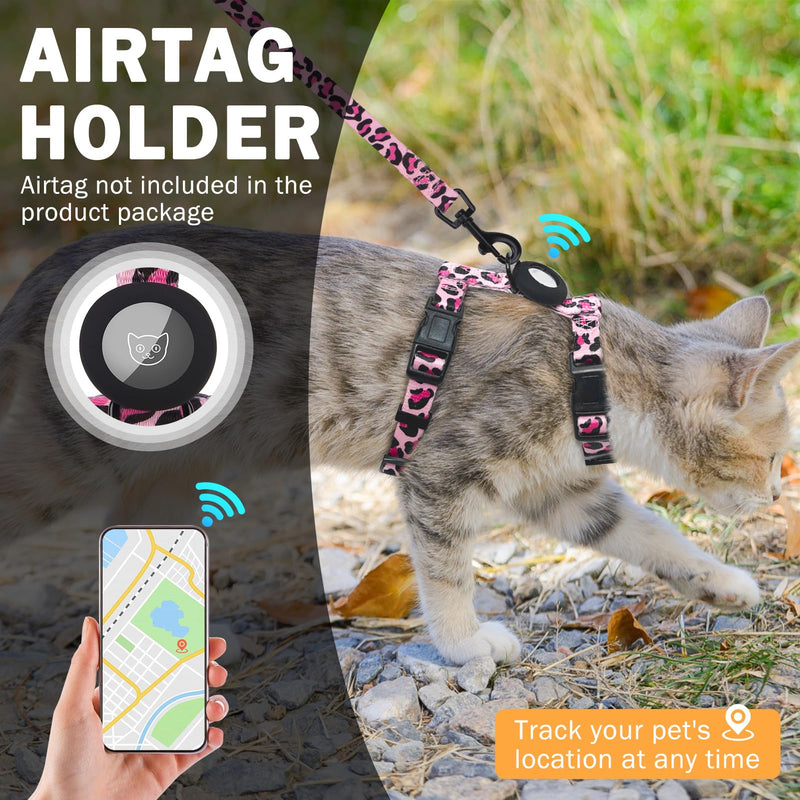 SCENEREAL Adjustable Cat Harness and Leash Set with AirTag Holder, Escape-Proof Design for Small to Large Cats, Lightweight Soft Travel Harness, Pink Leopard - PawsPlanet Australia