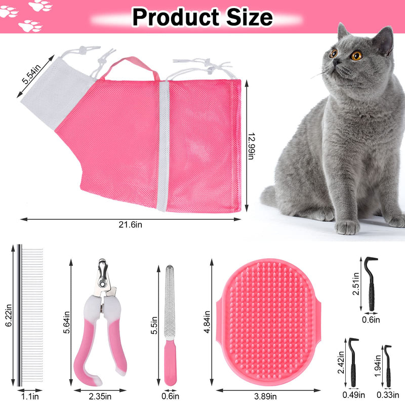 JULMELON Cat Washing Bag 10 PCS Set, Adjustable Cat Shower Net Bag and Pet Grooming Brush with Nail Clipper Nail File Hair Combs Tick Tool Nail Caps for Bathing Nail Trimming Examination(Pink+Grey) Pink+Grey - PawsPlanet Australia