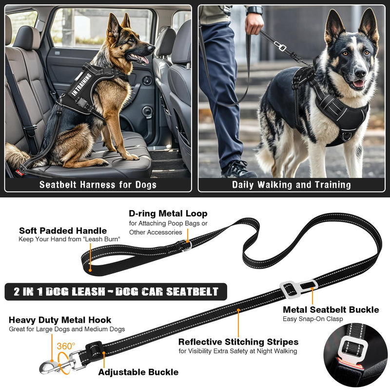 Tactical Dog Harness and Leash Set for Large Dogs,Heavy Duty No Pull Service Dog Vest and 10 Patches with Dog Seat Belt,Reflective Adjustable Pet Harness for Training Walking Hiking Black L - PawsPlanet Australia