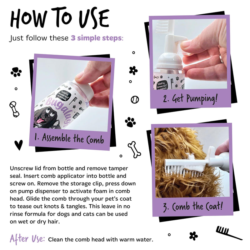 Bugalugs Pet Detangler Foam Comb - leave In conditioner spray for de matting. No tangles. Professional dog grooming formula with Wheat protein. Dog Detangler Spray knot removal (Lavender & Chamomile) Lavender & Chamomile