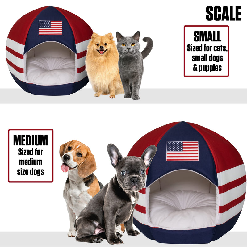 Maccabi Art US Country Dog Bed - Sports Themed Pet Bed - Fits Small Dogs, Puppies, Cats - Pillow Insert with Plush Lined Interrior, Non-Slip Igloo Design - 16 x 18 x 16 - PawsPlanet Australia