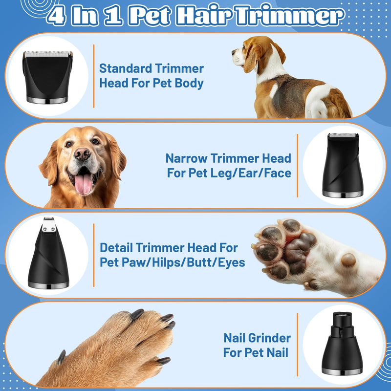 MALLMALL6 4 in 1 Dog Cat 7500RPM Power Motor Grooming Kit, 2000mAh 4 Hours Battery Life Pet Hair Clipper, 1.77” Width 2 Speed Low Noise Multifunctional Shaver, 16 Pet Grooming Tools Paw Trimmer Black