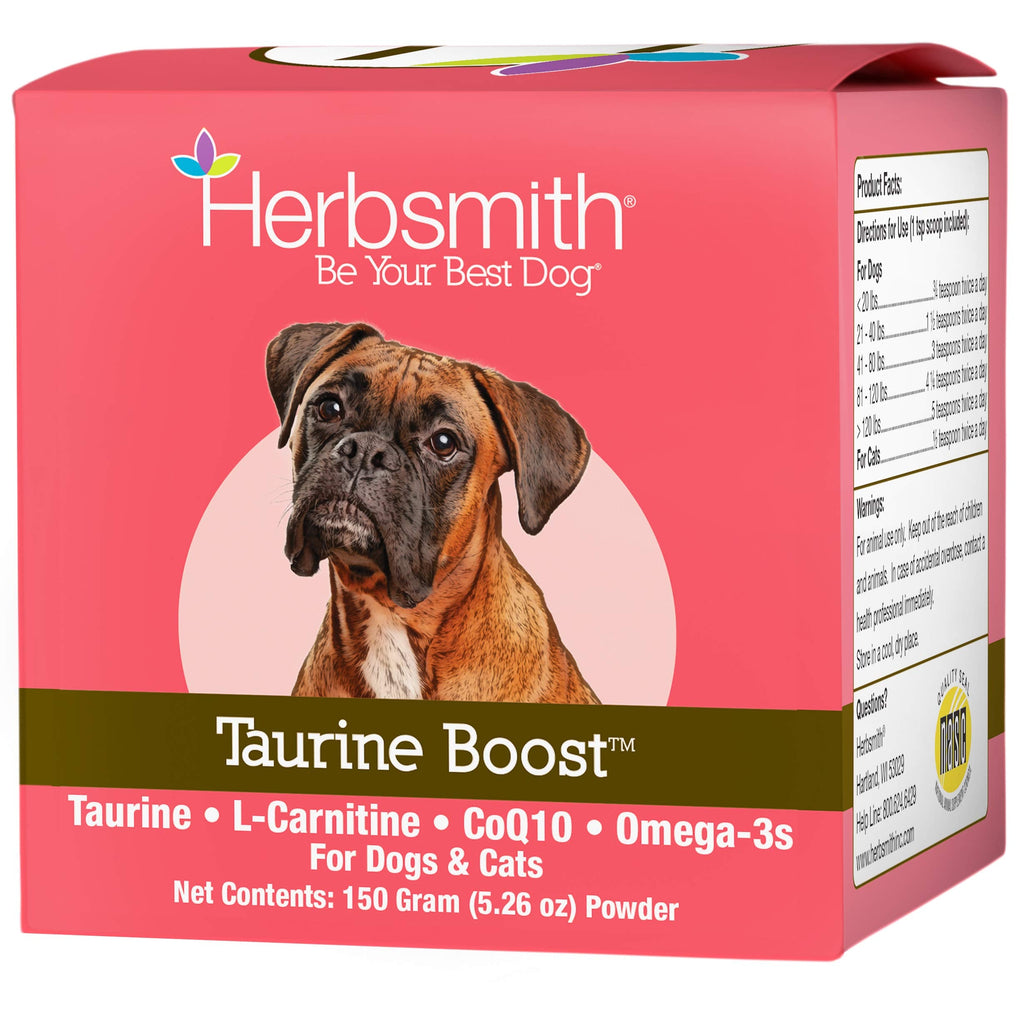 Herbsmith Taurine Boost - Cardiac and Heart Support for Dogs and Cats - Taurine Supplement for Dog and Cat Heart Health – with CoQ10, Taurine and L-Carnitine for Dogs - 150g 150g Powder