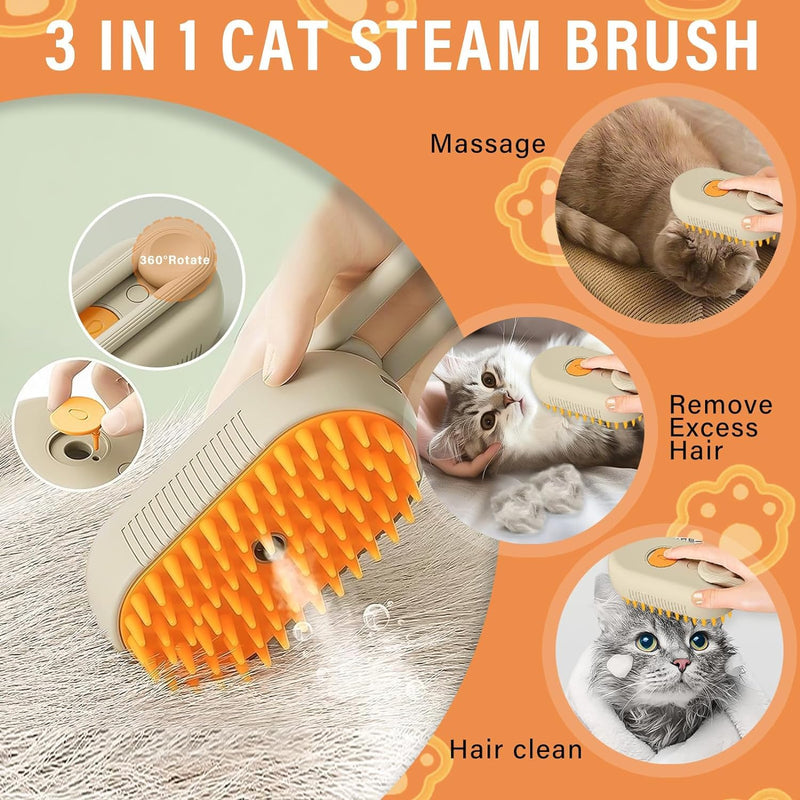 Cat Steam Brush - 3 in 1 Spray Cat Brush for Shedding, Steamy Silicone Massage Grooming Brush for Cat and Dog, Steamer Brush for Massage, Tangled And Hair Loss Remover (Cream) Cream - PawsPlanet Australia