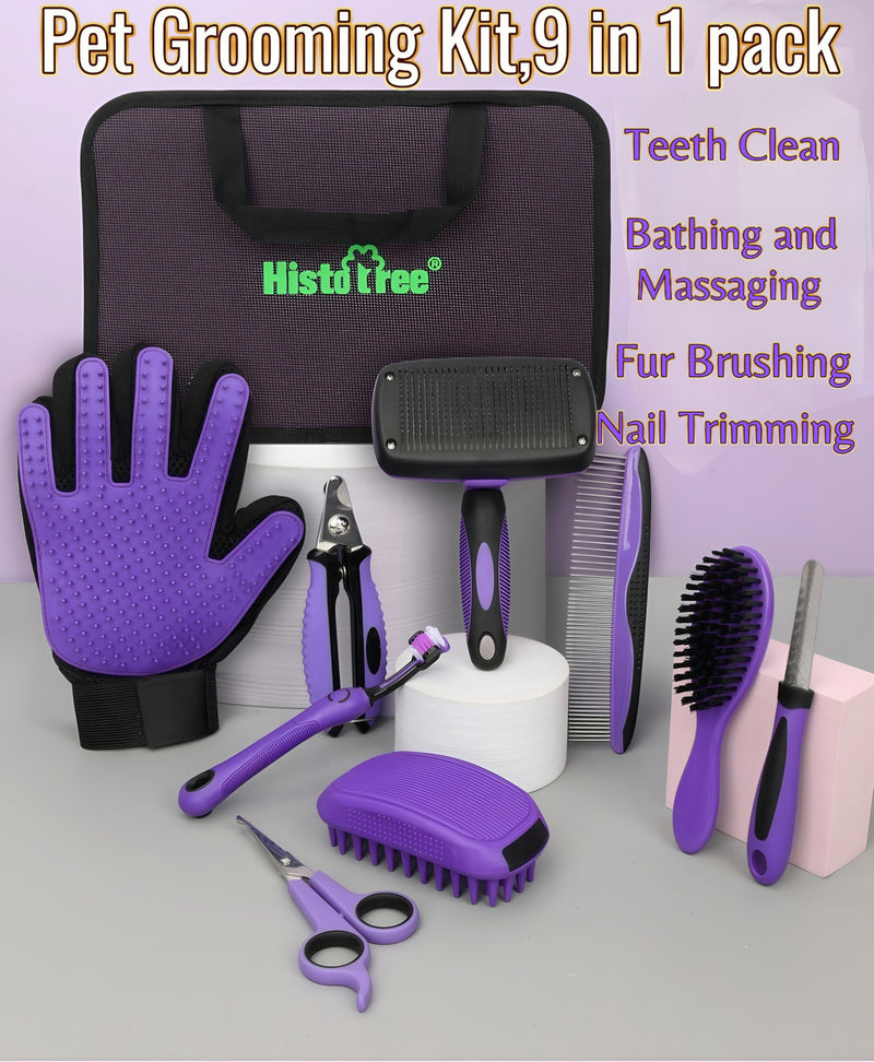 Pet Hair Grooming Tool Kit-9 Packs Dog Cat Grooming Kit Pet Dog Cat Grooming Supplies Washing Gloves Slicker Brush Kit Nail Grider Trimming Tools Pet Toothbrush Comb and Grooming Scissors Set - PawsPlanet Australia