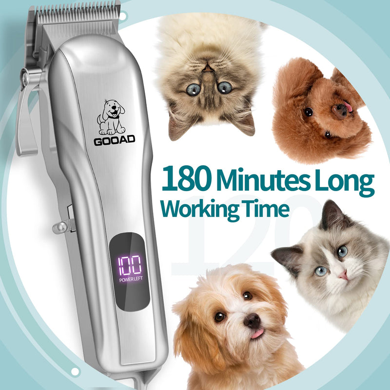 Dog Clippers for Grooming, Cordless,Low Noise, Electric Quiet,Rechargeable, Pet Hair Clippers for Thick Coats, Dog Trimmer Grooming Kit, Shaver for Small and Large Dogs Cats,Silver Silvery - PawsPlanet Australia
