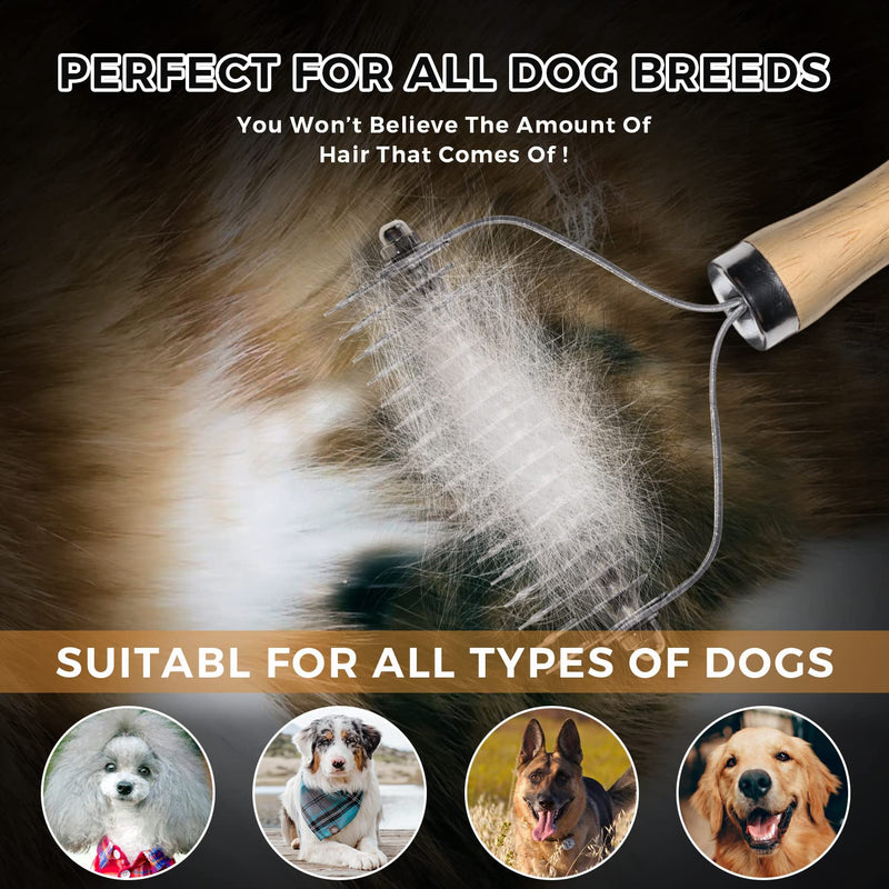 Undercoat Rake for Dogs - Professional Pet Shedding Dematting Comb with Wood Handle, Stainless Steel Blades for Pet Cats Dogs Matted Hair Tangles Removing 2 Sides Dematting Comb - PawsPlanet Australia