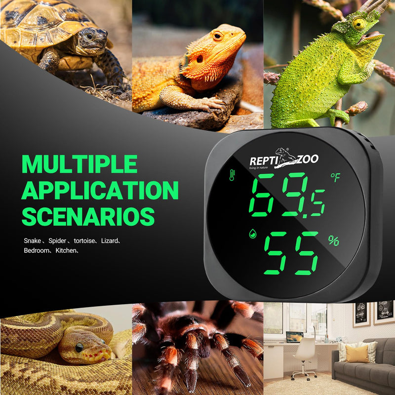 REPTI ZOO Thermometer Hygrometer, LED Digital Thermo Hygrometer for Reptile Terrarium Pet Rearing Box, Reptile Tank Thermometer with 55.2" Cable USB Power Supply Black - PawsPlanet Australia