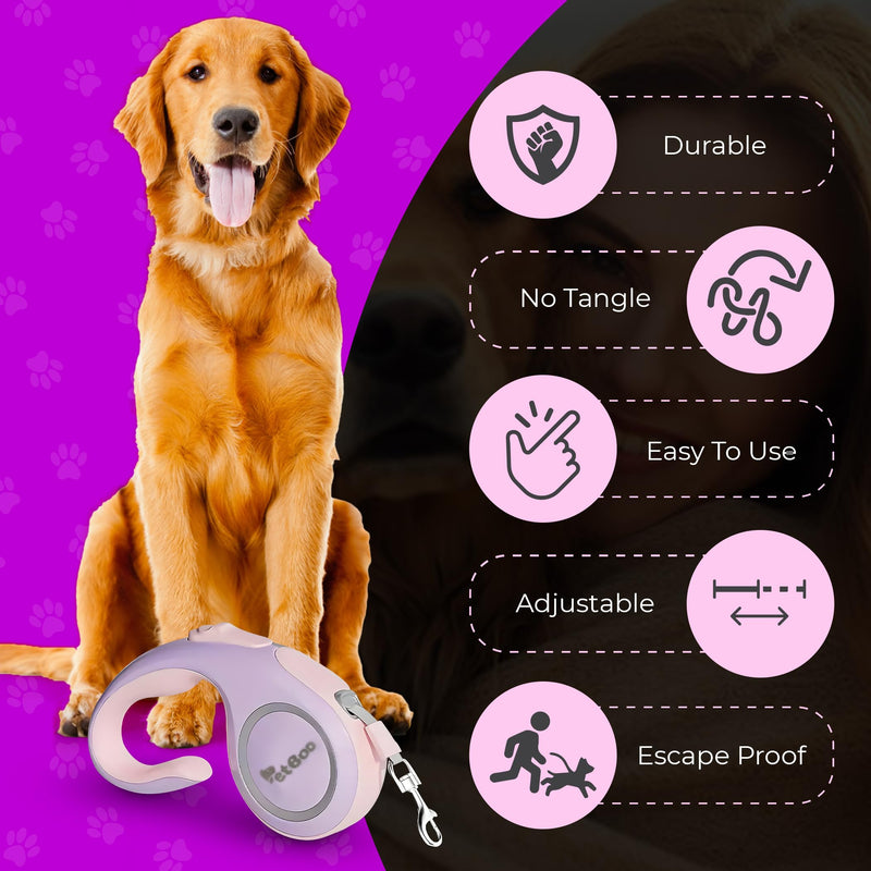 Fashionable and Retractable 15ft Dog Walking Leash with Anti-Slip Handle | 360° Tangle-Free | Heavy Duty Nylon Tape | One-Handed Lock, Pause, Block (Pink) Pink - PawsPlanet Australia