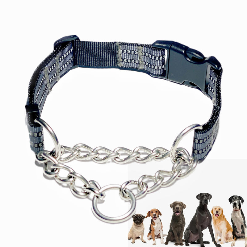 Martingale Collars for Dogs, Heavy Duty Stainless Steel Chain Training Collar, Reflective Nylon Adjustable Collar with Quick Release Buckle, Suitable for Puppy Medium Large Dogs (Gray, M) Medium-(for dog's neck 16''~20.5'') Gray - PawsPlanet Australia