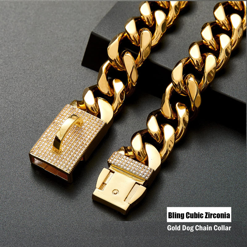 New Gold Dog Chain Collar with Bling Zircon Buckle,19MM Strong Stainless Steel Cuban Link Chain Collar,Dog Necklace Collar for Small Medium,Large Dogs Diamond Gold 22 Inch - PawsPlanet Australia