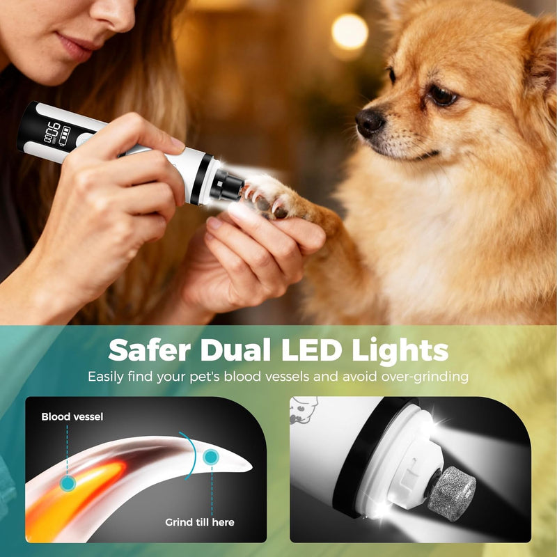 2026 New Ultra Quiet Pets Nail Grinder with 2 Lights,Adjustable 3 Speeds Dog Nail Trimmers,2000mAh Rechargeable,Painless Paws Grooming Pro for Small Medium Large Dogs & Cats (2 Replacement Heads)