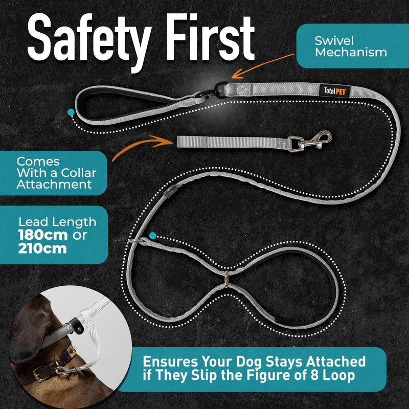 Total Pet Figure of 8 Dog Lead Flat with Anti Tangle Swivel Mechanism – Anti Pull Stop Dogs Pulling – Slip Leads Reflective with Padded Nose Support - (Grey, 210cm) Grey