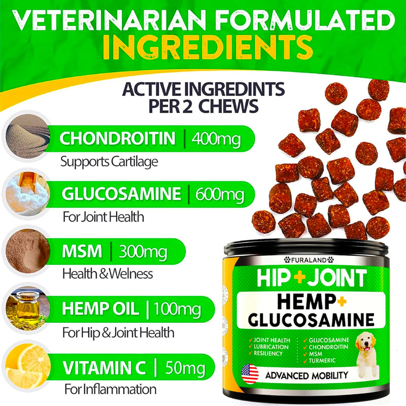 FURALAND Hip & Joint Supplement for Dogs - Glucosamine, Chondroitin, MSM, Hemp Oil - Formulated by Veterinarians - USA Made