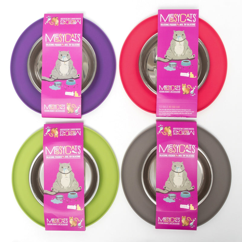 Messy Cats Single Silicone Feeder with Stainless Saucer Shaped Bowl | Anti-Slip Non-Skid Cat Food Bowl | One Cat Bowl in Feeding/Water Station Grey - PawsPlanet Australia