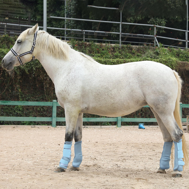 Adjustable Horse Fly Boots Set of 4, Equine Leg Protection Reduce Stomping, Breathable Mesh Fly Boots for Horses, Horse Leggings Leg Guards Light Blue 01 Pony