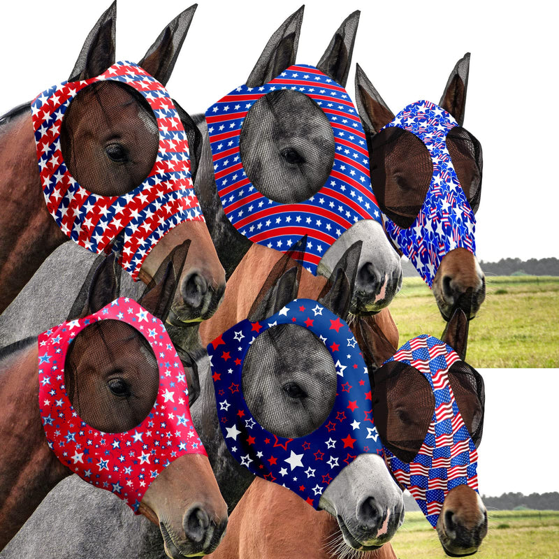 Chunful 6 Pcs 4th of July Horse Fly Masks with Ears 250th Anniversary Fly Masks Comfort Stretchy UV Protection American Flag Stars Breathable Mesh for Memorial Day Horse Supplies(Large) Large