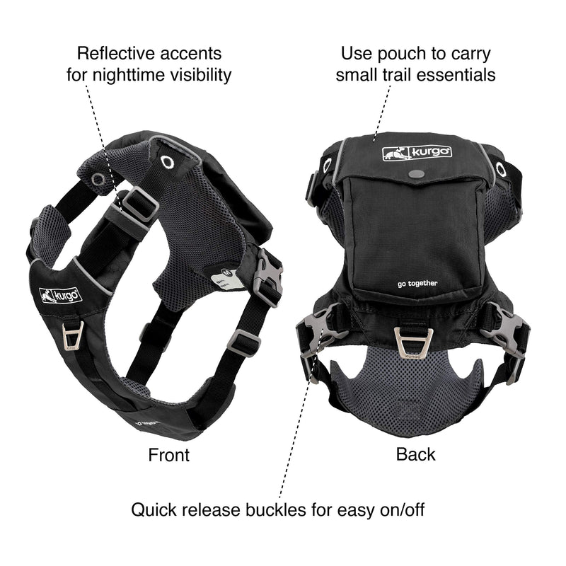 Kurgo Stash n' Dash Harness - Lightweight & Portable Travel Dog Gear - Ripstop Fabric - Reflective Trim - Foldable Dog Running Harness - V-Neck Design - Black - X-Large - PawsPlanet Australia