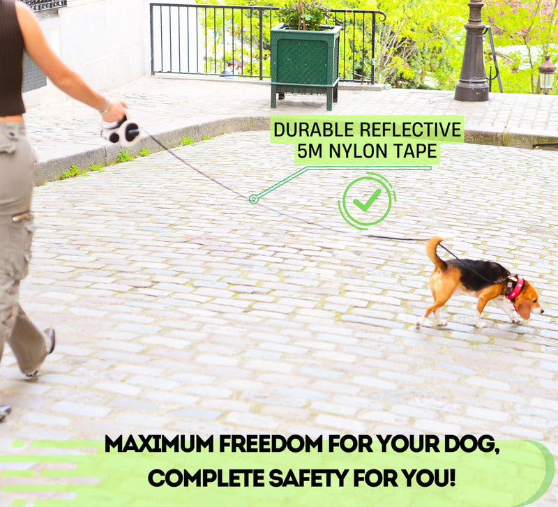 Snuggle Paws 16ft Retractable Dog Leash – All-in-One with LED Flashlight, Poop Bag Holder, Heavy Duty Chew-Proof Steel Cable & Reflective Tape – Compact, No-Tangle Leash for Small Dogs up to 44 lbs S | 16.4 ft | 44 lbs - PawsPlanet Australia