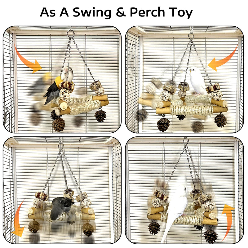Bird Swing for Cage with Chew Toys, 3 Sisal-Wrapped Parrot Perches & Stable Triangle Design, Wooden Hanging Parakeet Toys Swing for Cockatiel Lovebirds Conures Quaker Balance Training - PawsPlanet Australia