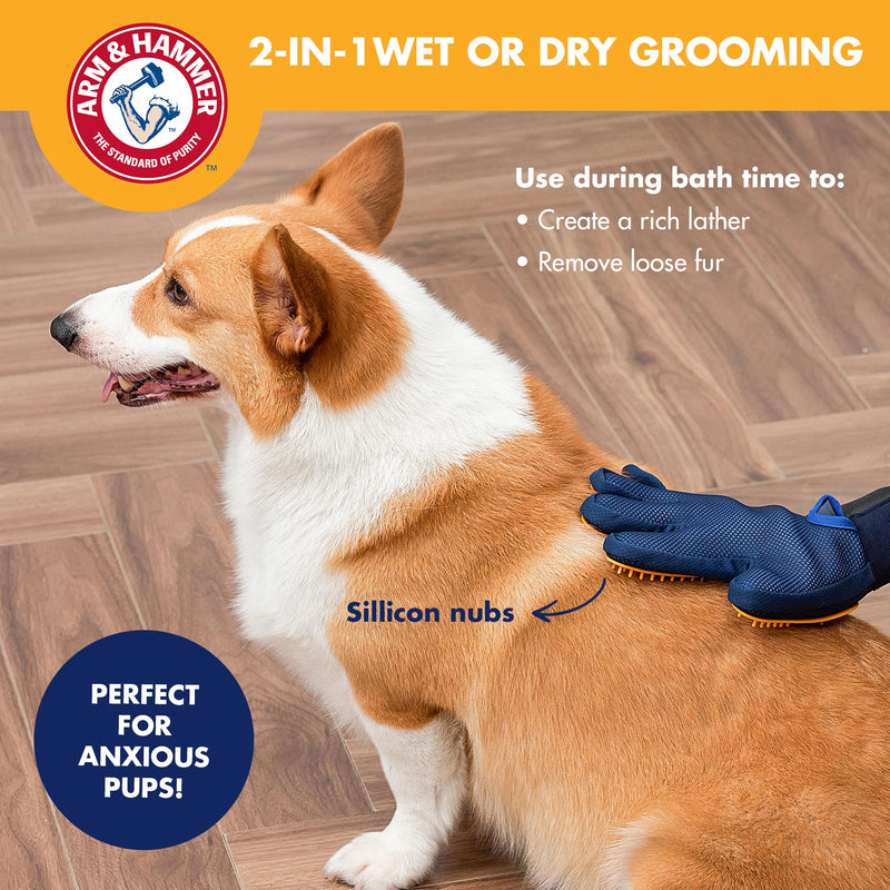 Arm & Hammer “Simply Calm” Dog Grooming Deodorizing Glove with Fragrance Transfer Technology –Scented Silicone Hand Brush for Bathing & Shedding, Sweet Lily & Vanilla Scent Navy & Yellow Grooming Pet Glove - Sweet Lily & Vanilla - PawsPlanet Australia