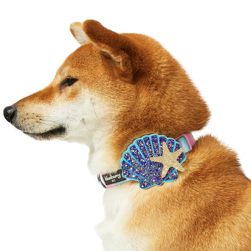 Blueberry Pet Summer Sparkle Dog Collar, Adjustable Small Size, Neck 12"-16", Pink and Blue, Ocean Mermaid Scales Print Nautical Pet Collar with Detachable Seashells Accessory - PawsPlanet Australia