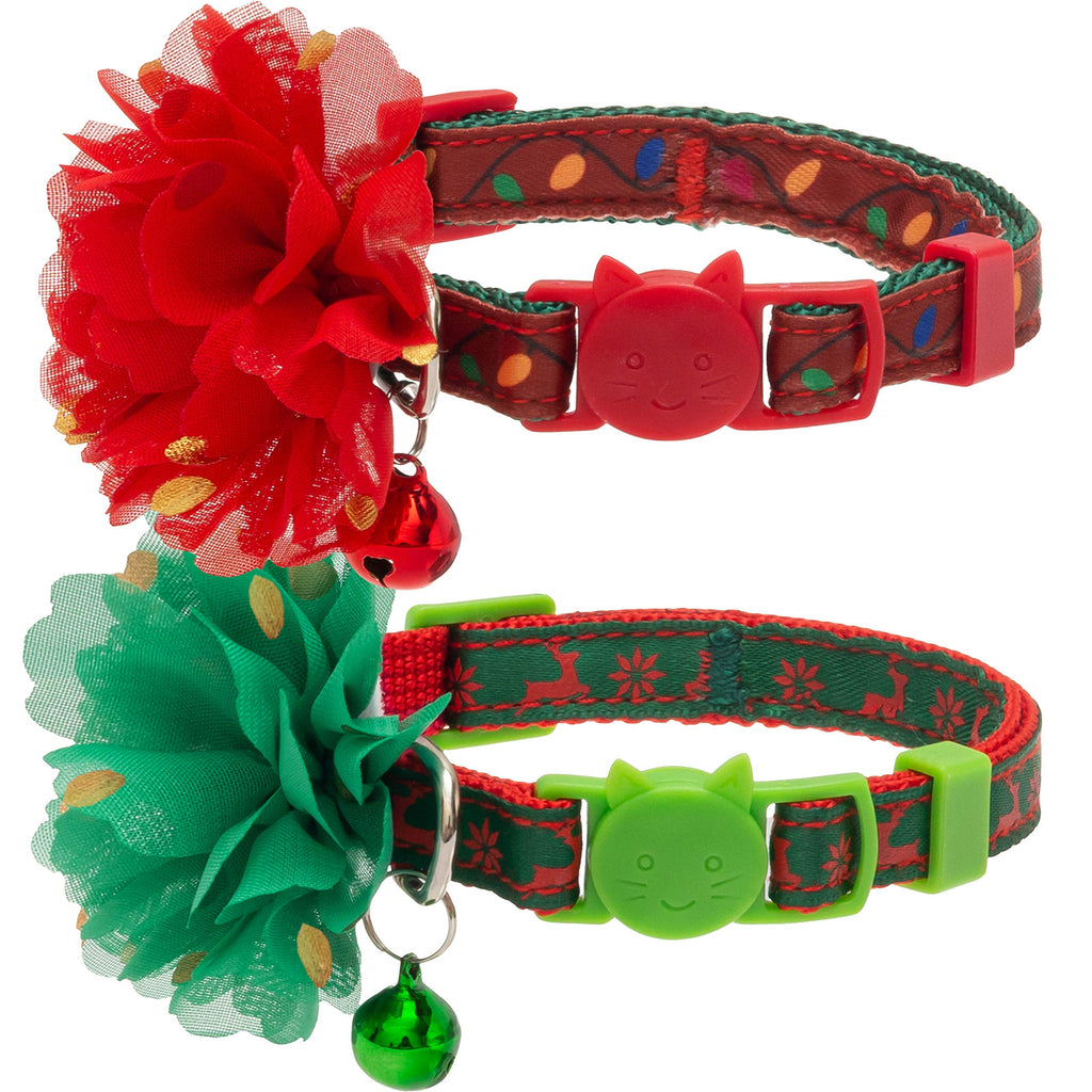 Christmas Cat Collar with Bell - 2 Pack Breakaway Adjustable Flower Cat Collars, Elk & String Lights Pattern Cute Pet Collars Set Holiday Decoration for Cats, Kitten, Small Animals Green and Red