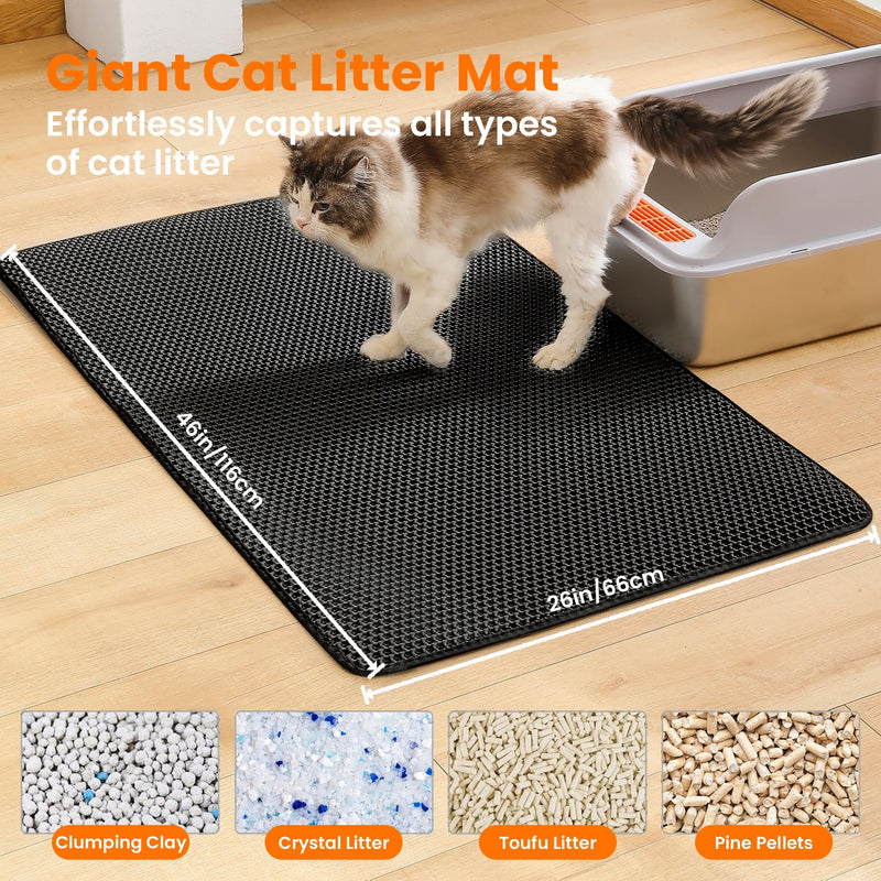 Jumbo Cat Litter Mat, 46x26 Inches Double Layer Honeycomb Litter Trapping Mat, Non Slip Waterproof Urine Proof Extra Large Cat Litter Box Mat, Kitten Supplies and Essentials, XXL, Black - PawsPlanet Australia