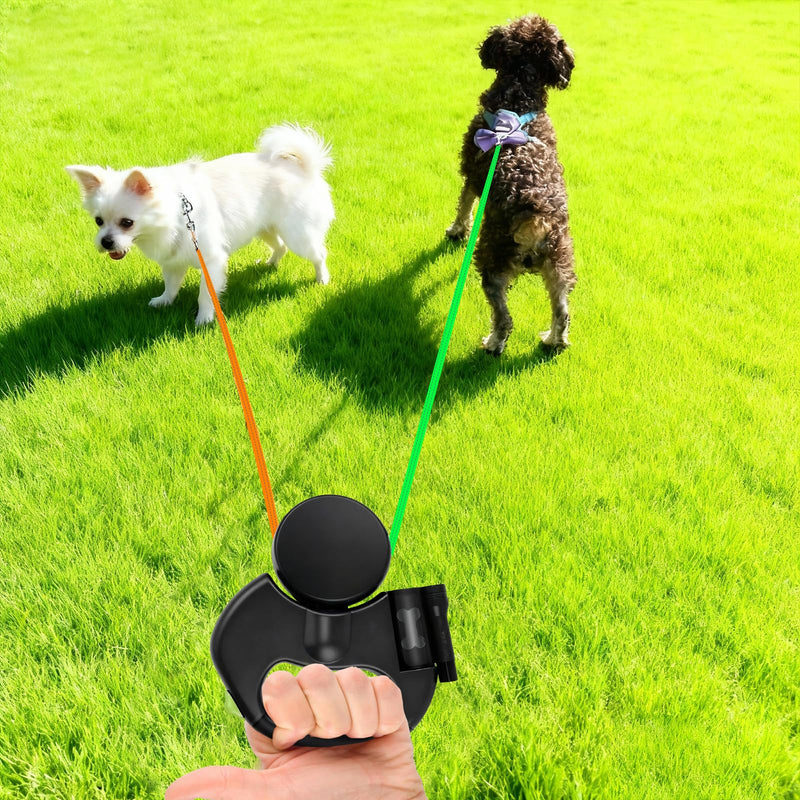 Retractable Double Dog Leash, Automatic Leash 1 Tow 2 with Flashlight and Bag Dispenser