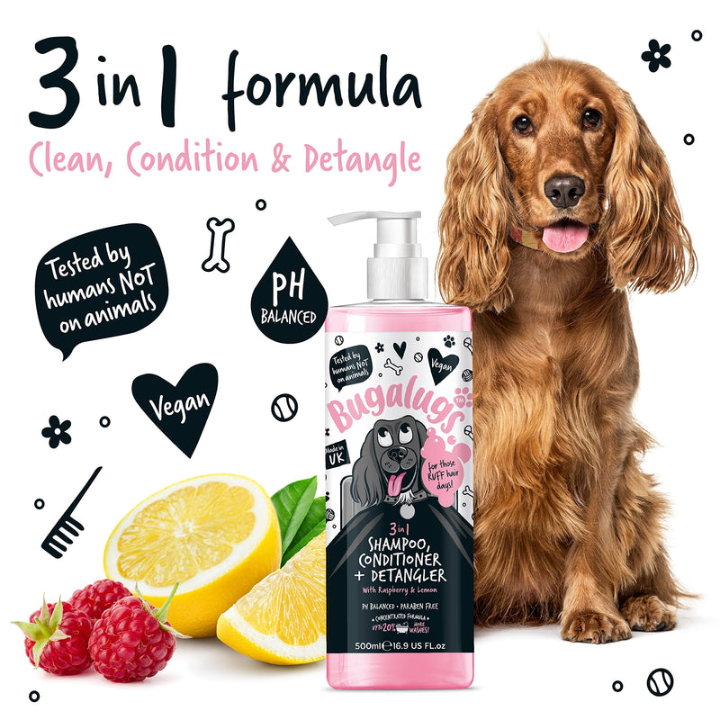 BUGALUGS 3-in-1 Dog Shampoo, Conditioner & Detangler – Raspberry & Lemon Scented Grooming for Smelly Dogs, Puppy Coat Care, Pet Accessories (500ml) (BSDTCDE500) Shampoo 500ml