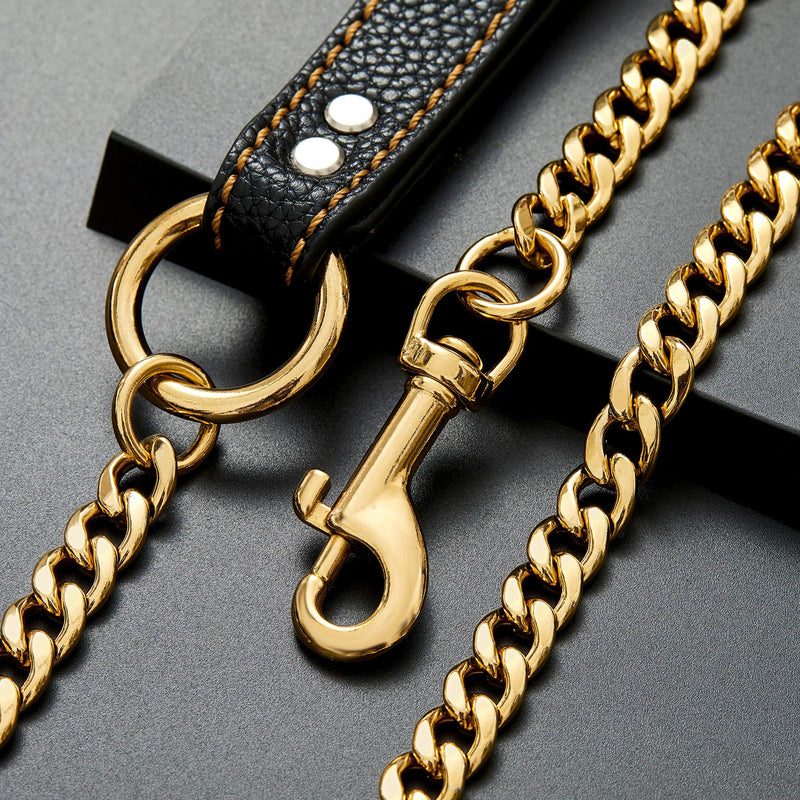 Chain Dog Leash Metal Chew Proof Leash, Leather Handle 11mm Gold 18K 4.5FT Heavy Duty Pet Leash Chain, with Padded Handle for Large Medium Small Dogs (Totally Length of 4.5FT)