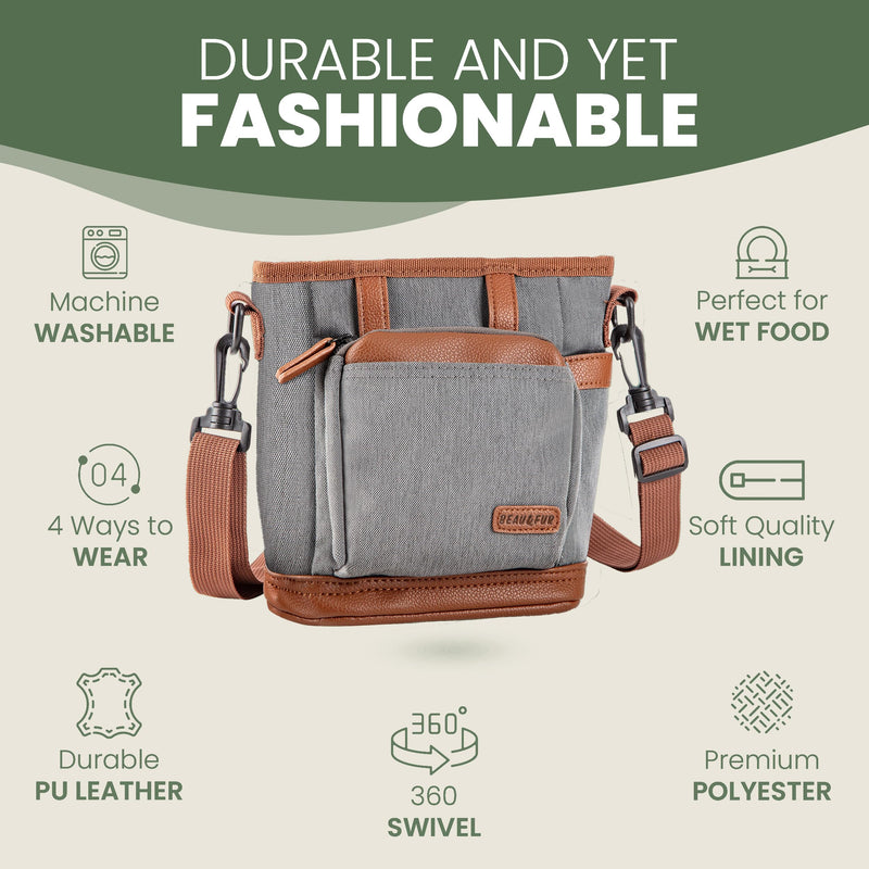 BEAU&FUR Large Dog Treat Pouch with Clicker for Training – 4 Cup Capacity, Built-In Poop Bag Dispenser, Expandable Pocket, Metal Buckle, Large Back Pocket, Ideal Design for Walks and Training – Grey Large - Grey