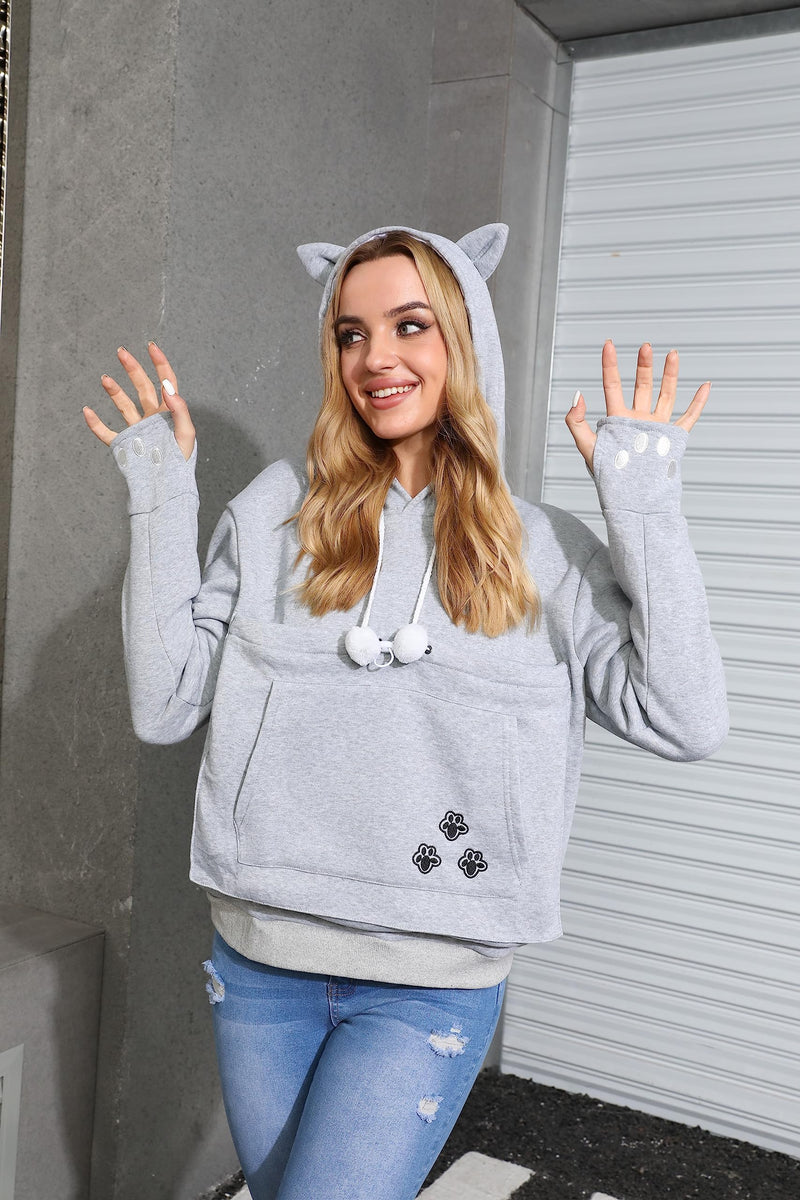 Unisex Big Pouch Hoodie Long Sleeve Pet Cat Dog Holder Carrier Sweatshirt Light Grey-thick Large - PawsPlanet Australia