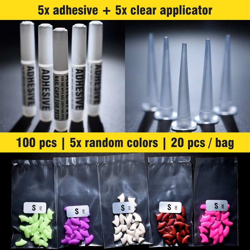 Cat Nail Caps | Cat Claw Covers | with Adhesives and Applicators (S, 5X Solid Random Colors | 100 pcs) S - PawsPlanet Australia