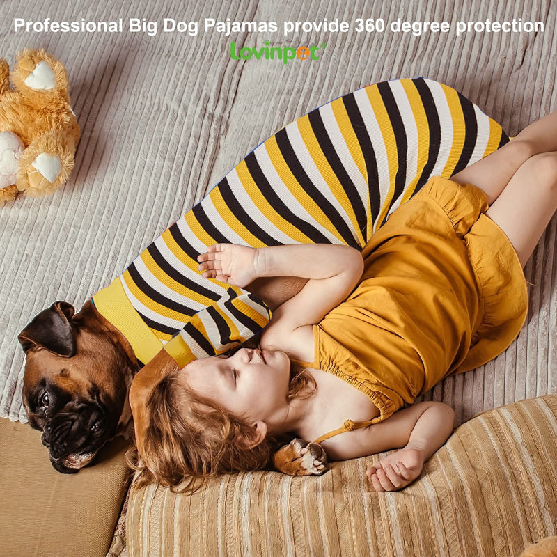 LovinPet Big Dog Pajamas, Cotton Black and Yellow Stripe Dog Shirt, Full Coverage Dog Onesie, Pet Pajamas for Dogs, Stop Shedding for Dogs, Pet PJ's, XL X-Large Black/Yellow Update - PawsPlanet Australia