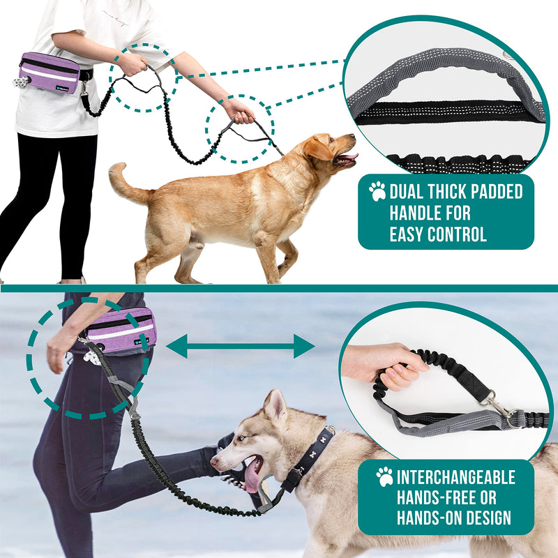 PetAmi Hands Free Dog Leash, Dog Running Leash Belt for Walking Jogging, Dog Waist Zipper Pouch Fanny Pack with Poop Bag Dispenser, Dual Padded Handle Bungee Leash for Small Medium Large Dogs, Single 1 Leash Purple