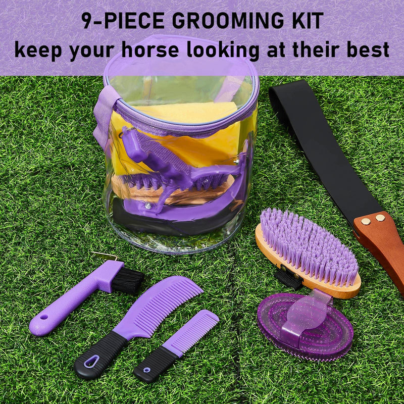 Cunhill 9 Pcs Horse Grooming Kit Tack Room Supplies Set with Tote Bag, Oval Massage Curry, Hard and Soft Brush, Hoof Pick, Sweat Scraper, Bathing Sponge, Comb for Horse Rider(Cute,Purple) Cute Purple