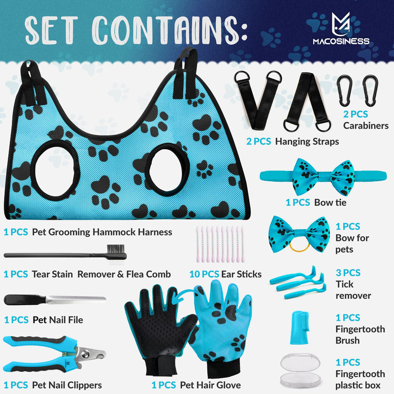 Pet Grooming Hammock for Nail Trimming - Dog Nail Clippers for Large Dogs - Pet Grooming Hammock with Hooks Dog Nail Clipper - Dog Hammock - Dog Sling for Small Dogs Lift Harness - Cat Harness - Pets PREMIUM SET - Aqua with black paws S - PawsPlanet Australia